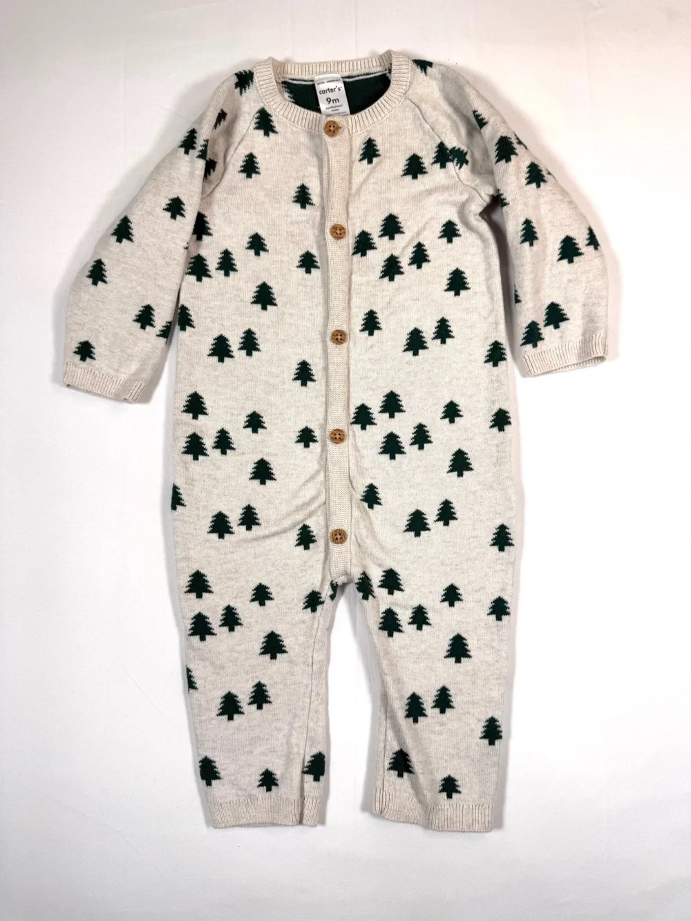 CARTER’S Baby Tree Print Knit One Piece Romper 9M Cream Button Front Cotton